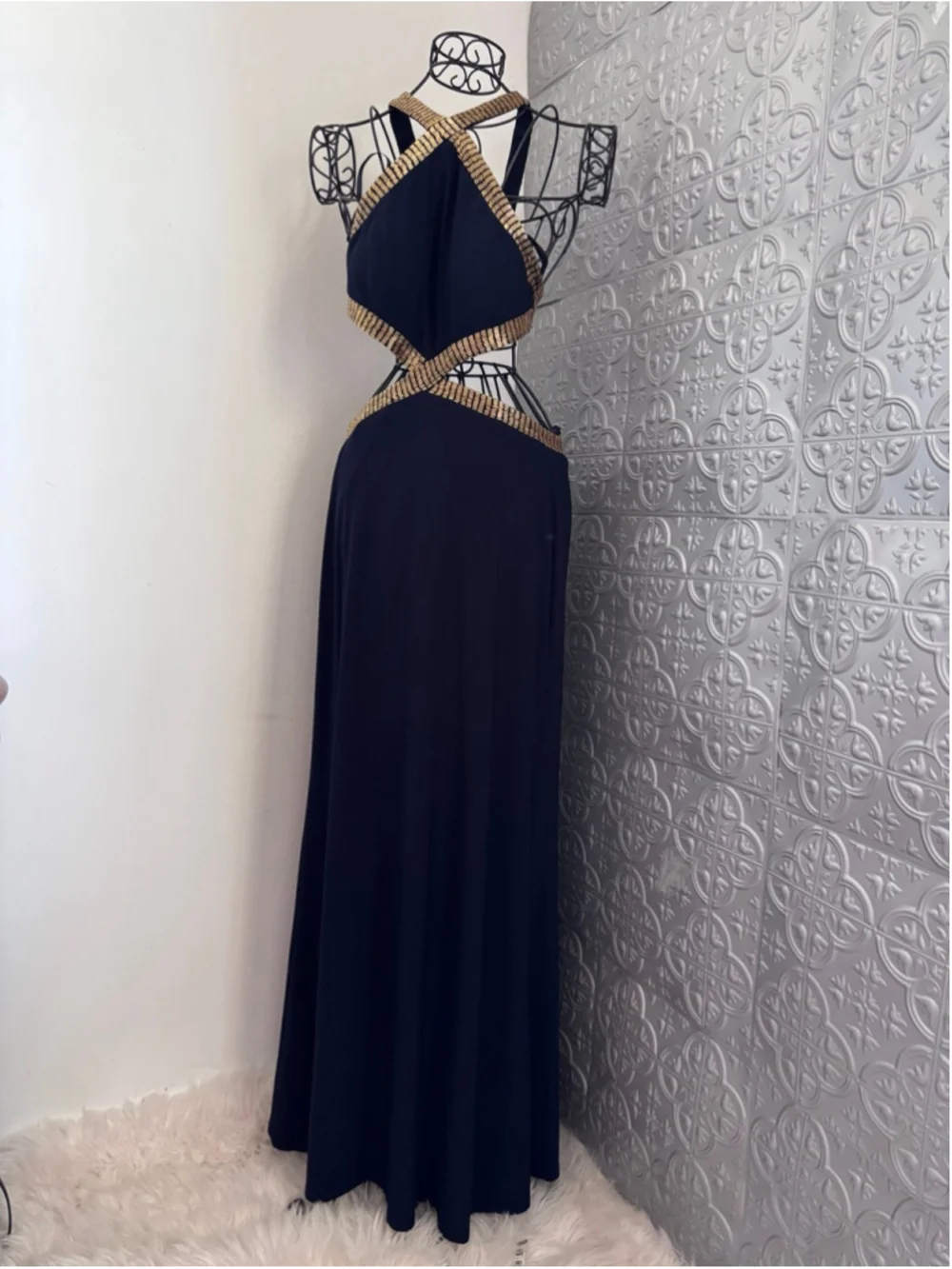 Joanna Chen Elegant Cut out padded beaded gown halter maxi dress navy blue gold
